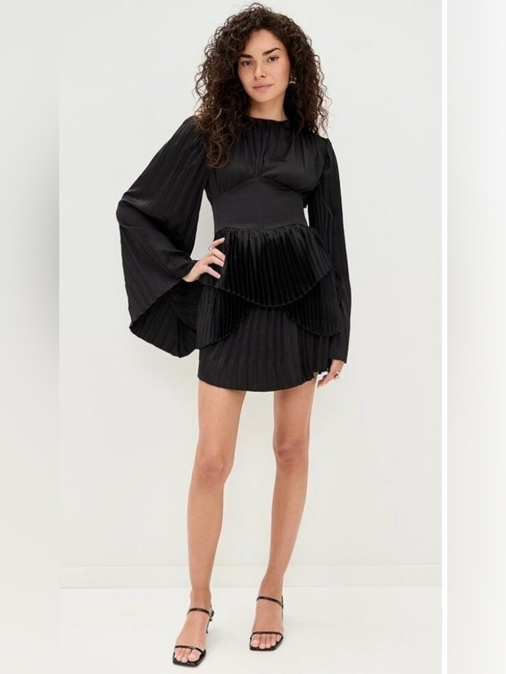 Andrea Iyamah Lenti Black Pleated Layered Mini Dress with Bell Sleeves, XL, NWT